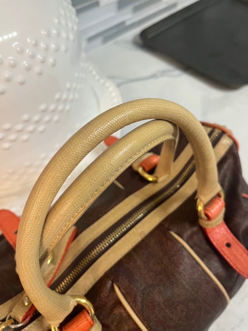 Etro Brown Leather Satchel with Tan Handles and Orange Trim - Picture 3 of 6